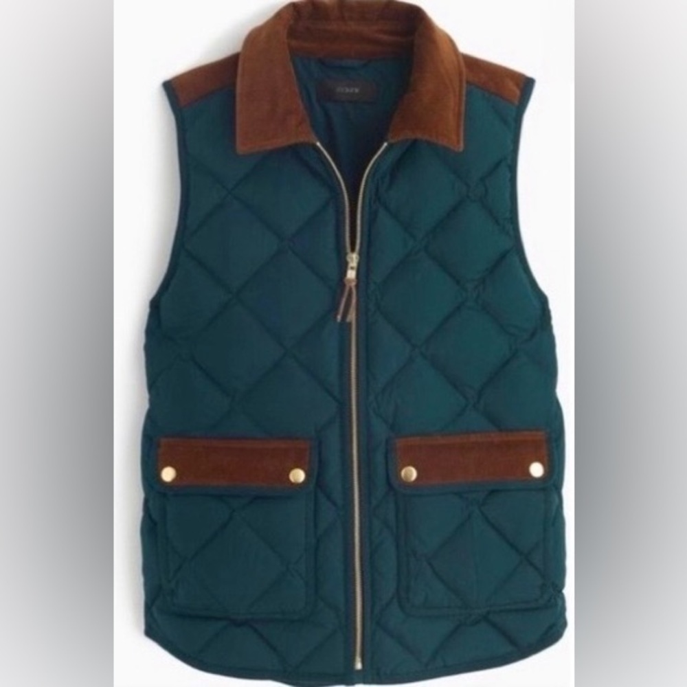 J.Crew Quilted Excursion Vest with Corduroy Trim in Hunter Green L down filled